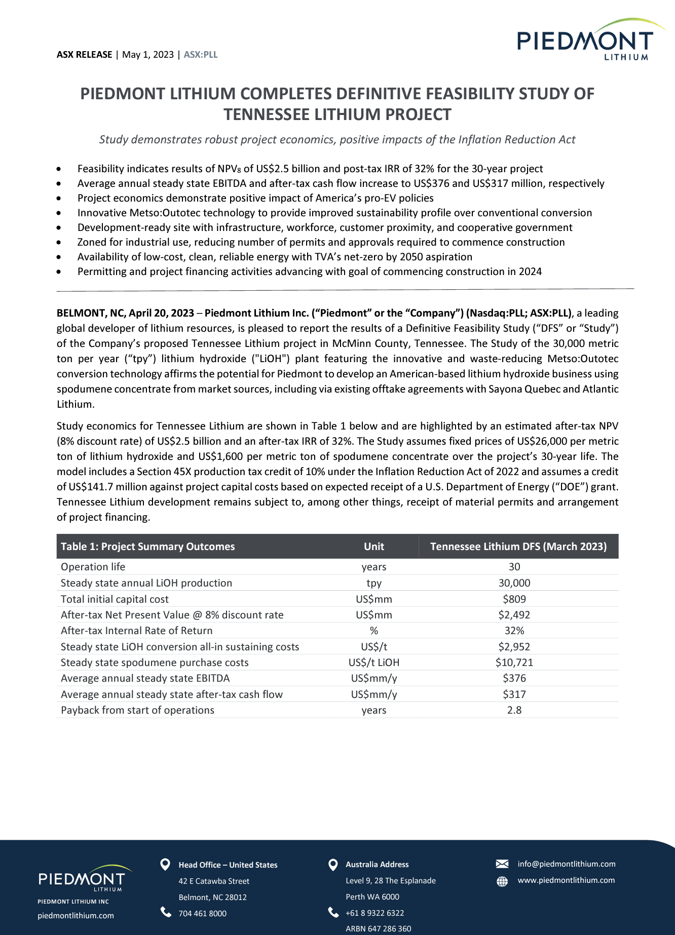 Piedmont Lithium Completes Definitive Feasibility Study of Tennessee Lithium Project - Revised